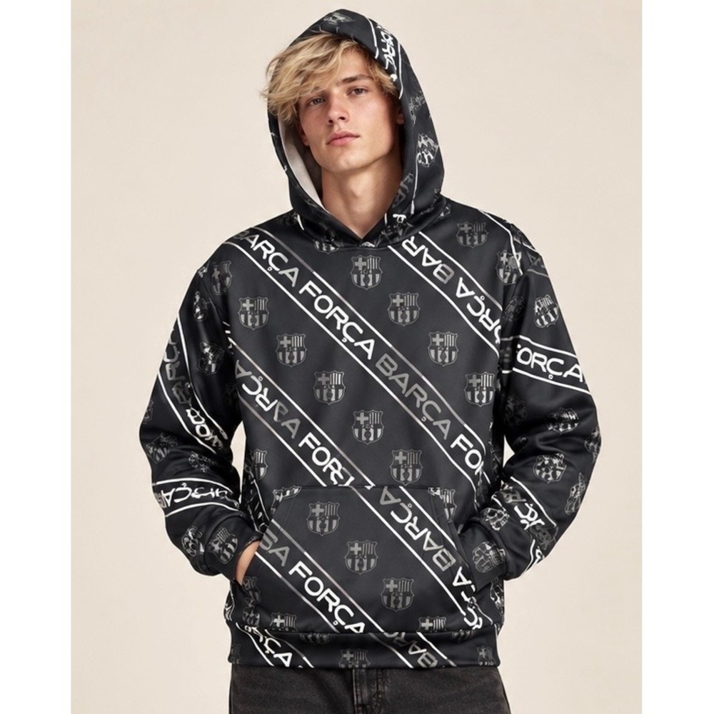 FC Barcelona Forca Barca All Over Print Hoodie Black Grey Soccer Mens Large